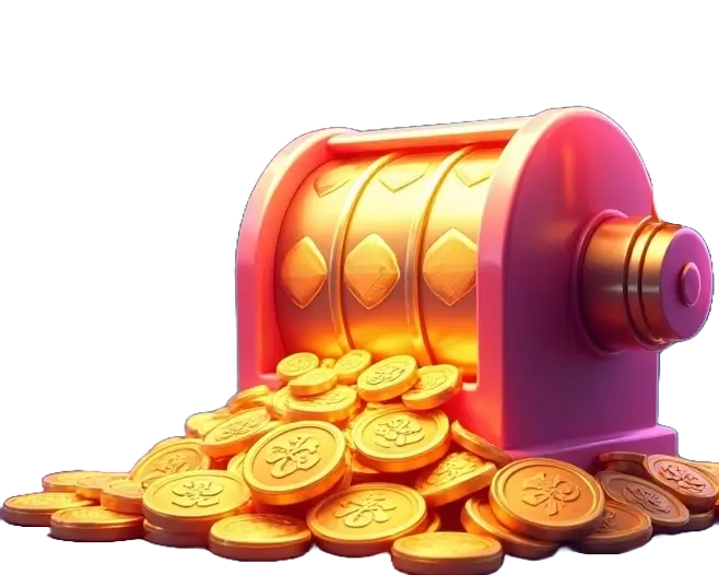 Image of an animated slot machine and coins surrounding it